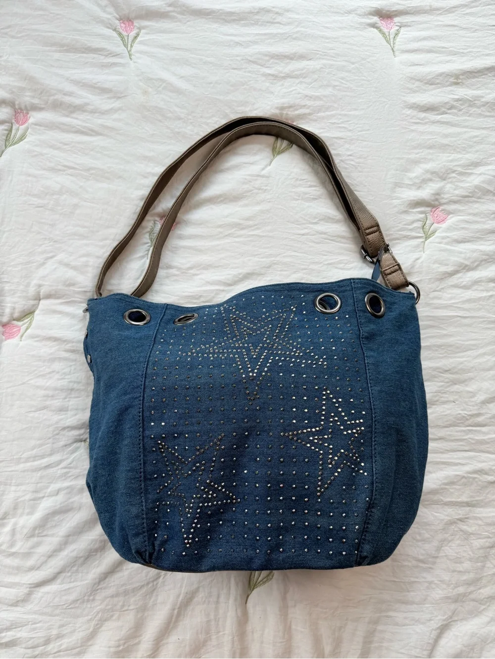Jean Denim Y2K Vintage Star Rhinestone Studded Metallic Shoulder Bag